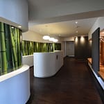 repräsentativer Empfangsbereich und Empfangs-Tresen aus Corian weiß geschwungene organisch geformte Wände mit beleuchteter Nische mit Bambus-Dekor und Wartebereich mit großer brauner Leder Sitzfläche und gesteppter Leder Rückwand und Garderobe Praxis-Design in der Praxis für Dermatologie Venerologie und TCM Dr. med. May Sian Oei Schillerstr. 44b Ottensen im ästhetischen und zeitlosen Design von Lange Architekten