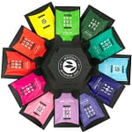 alveus Gimmick Giftbox Geschenkbox Tester-Box entwickelt designed und als Serienprodukt realisiert von LangeArchitekten aus schwarzer Pappe und weißem UV-Lack aufgeklappt sehr dekorativ als Fächer der 12 bunten alveus Elements-Teebeutel mit einem alveus-Doppelwandglas in der Mitte das perfekte Geschenk