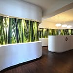 repräsentativer Empfangsbereich und Empfangs-Tresen aus Corian weiß geschwungene organisch geformte Wände mit beleuchteter Nische mit Bambus-Dekor Praxis-Design in der Praxis für Dermatologie Venerologie und TCM Dr. med. May Sian Oei Schillerstr. 44b Ottensen im ästhetischen und zeitlosen Design von Lange Architekten