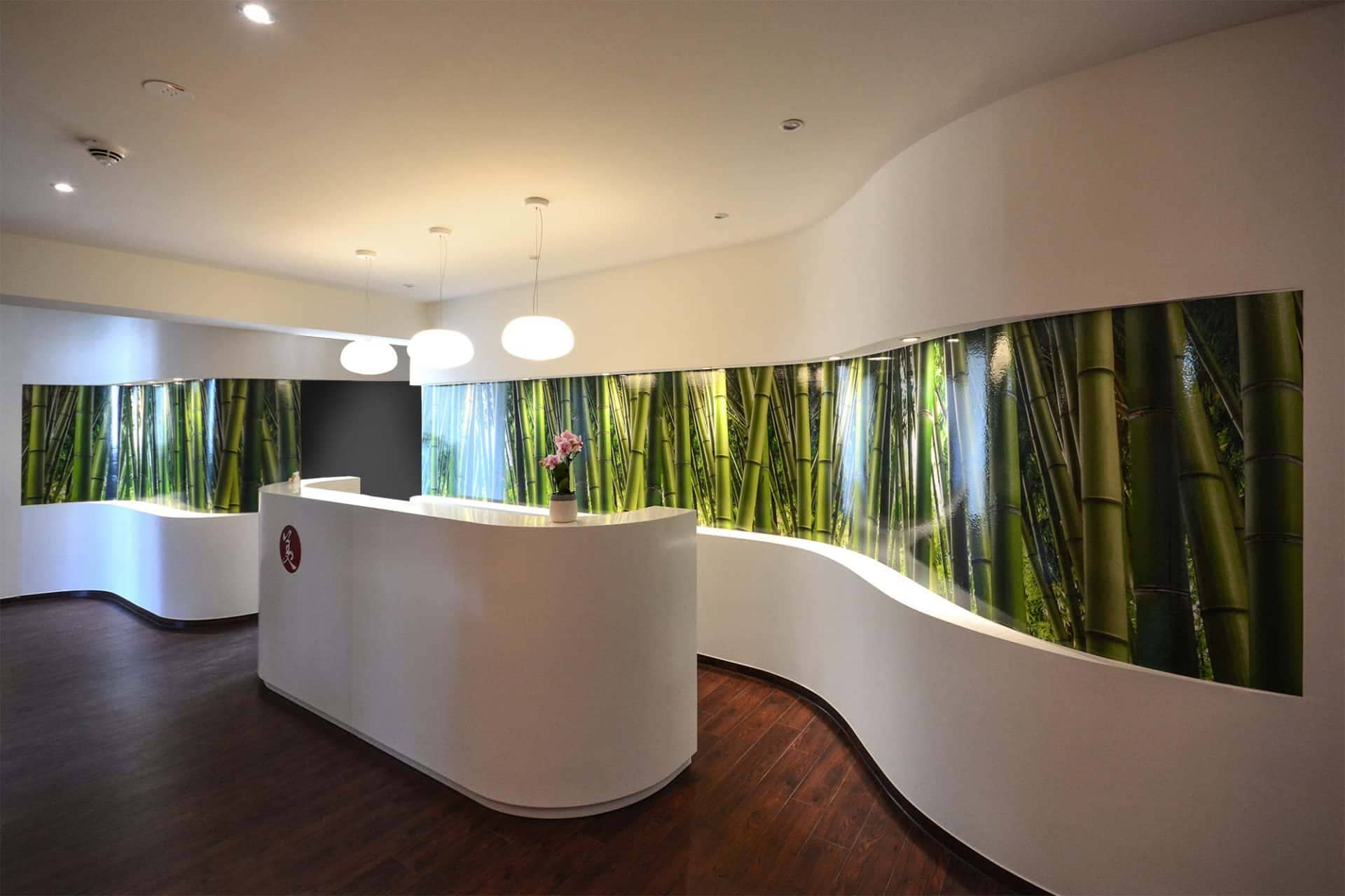 repräsentativer Empfangsbereich und Empfangs-Tresen aus Corian weiß geschwungene organisch geformte Wände mit beleuchteter Nische mit Bambus-Dekor Praxis-Design in der Praxis für Dermatologie Venerologie und TCM Dr. med. May Sian Oei Schillerstr. 44b Ottensen im ästhetischen und zeitlosen Design von Lange Architekten